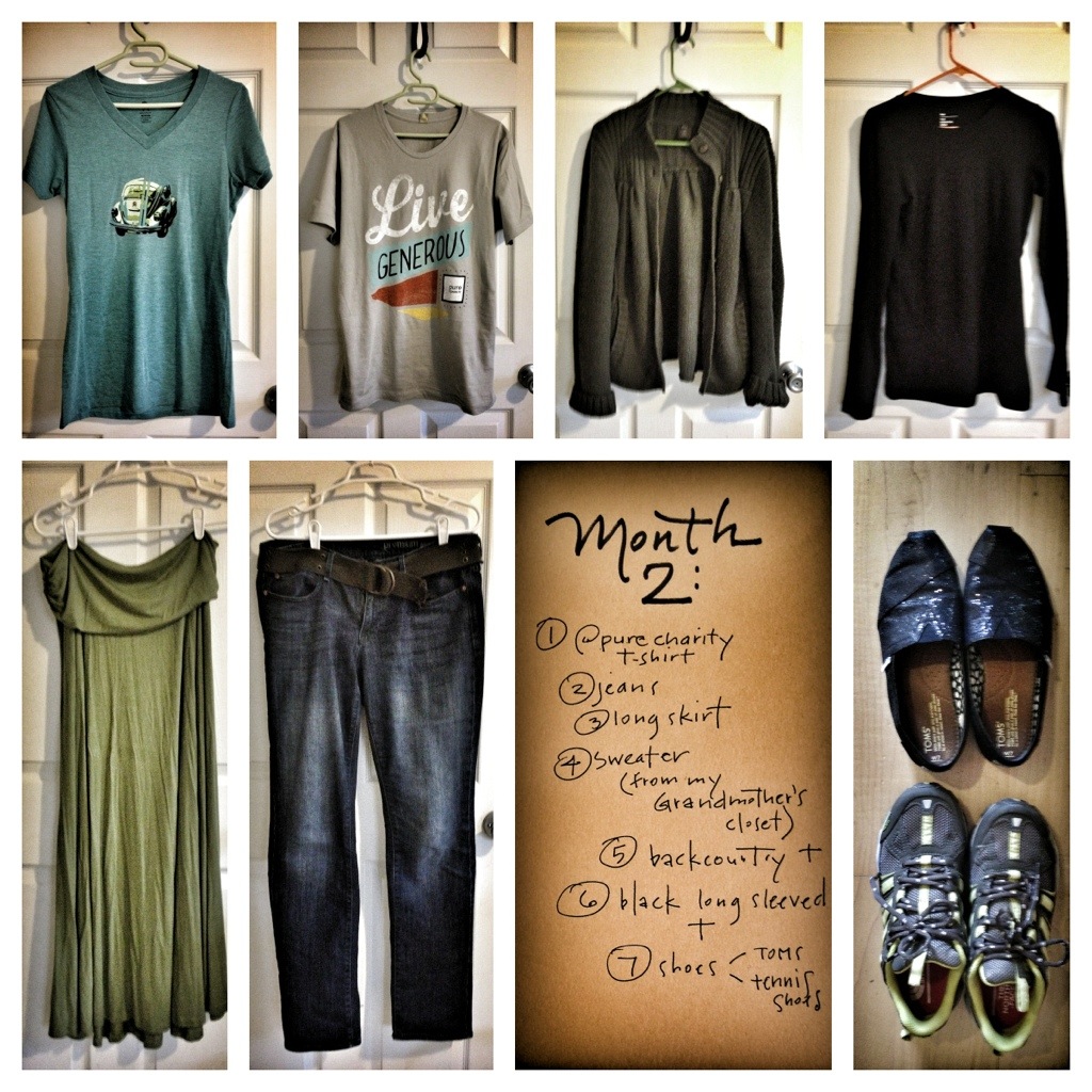 seven month 2, pure charity t, seven articles of clothing, experimental mutiny against excess