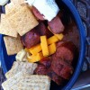 camp meals, summer sausage, cheese and crackers, blue tin bowl