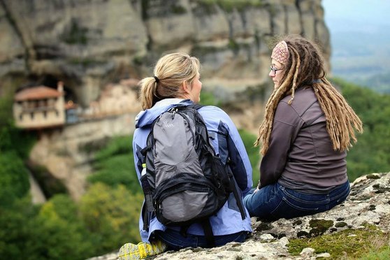 Sarabeth and Alison in Meteora, Greece, Finding the Universe Photo by Laurence Norah